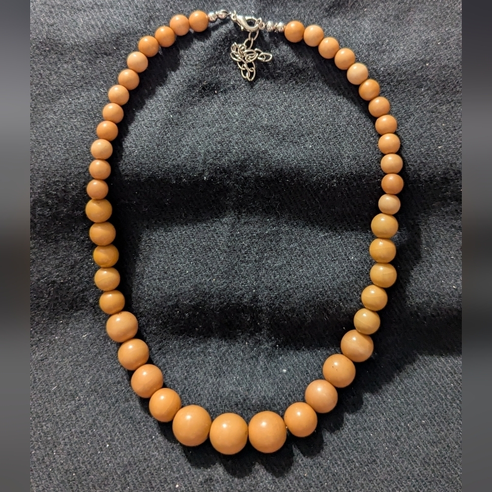 Silver Tone Tan Graduated Size Beaded Statement Necklace